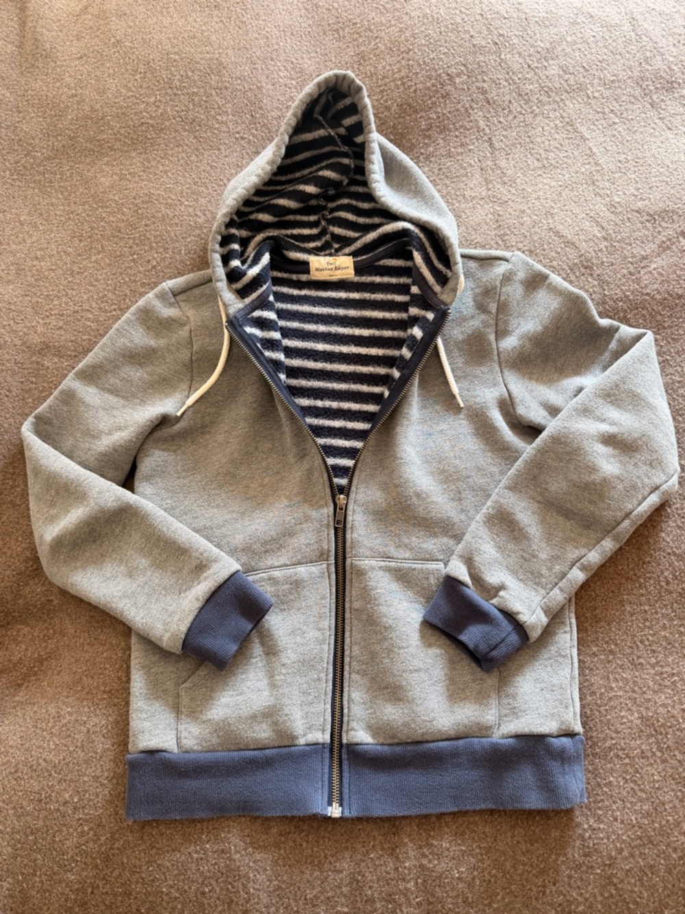 Marine Layer Gray Zip Hoodie with Navy Trim and Striped Lining